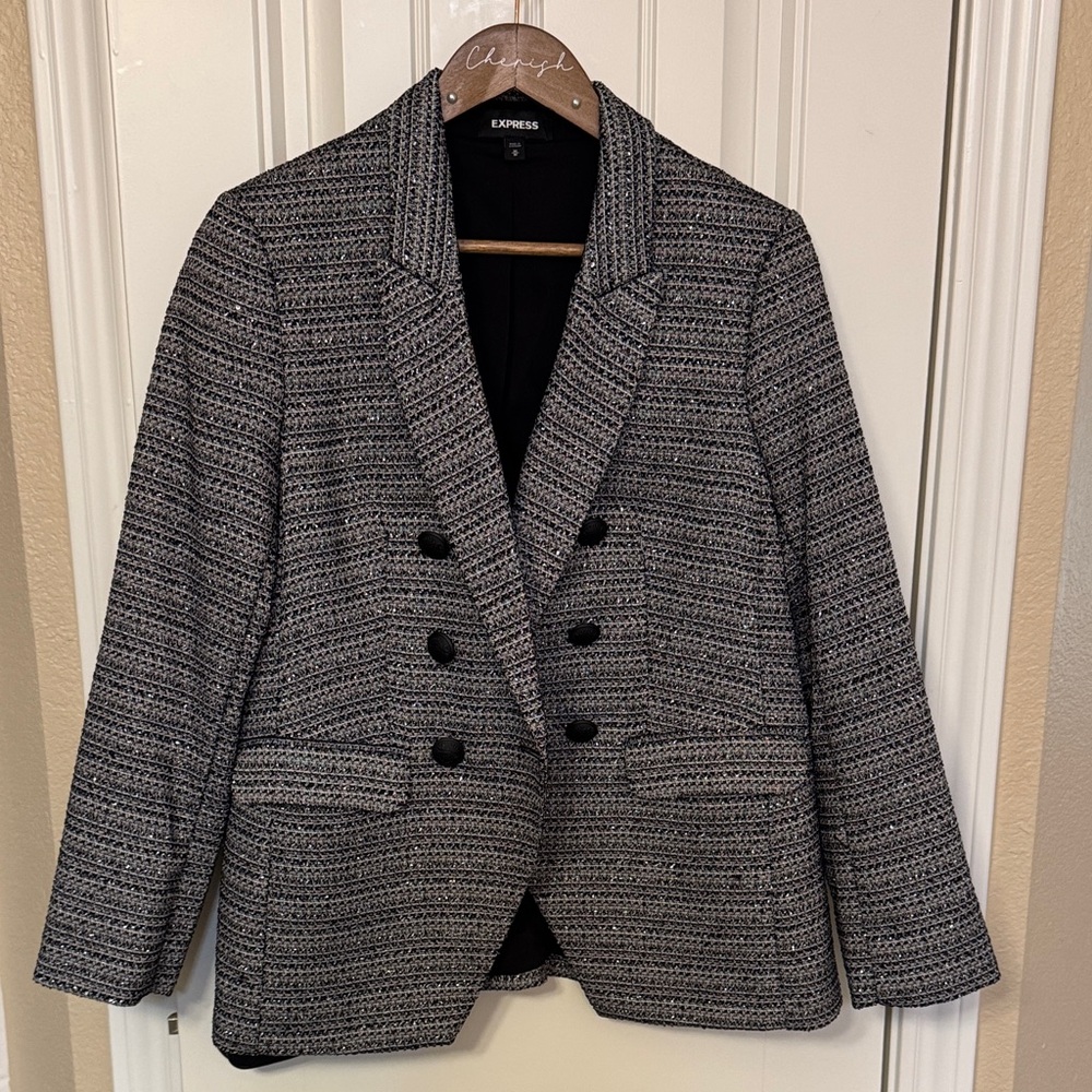 Express Women's Silver and Black Metallic Blazer